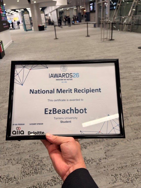 iAwards 2026 certificate: National Merit Recipient awarded to EzBeachbot, Torrens University, Student category
